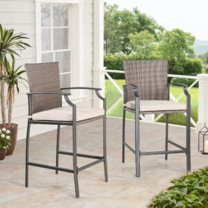 Patio Tree Outdoor Wicker Counter-Height Bar Chairs, Patio Steel Rattan Bar Stools with Removable Cushion, Set of 2