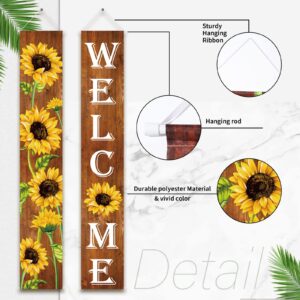 Sunflower Welcome Hanging Banners spring Porch Banners Flags summer Door Banners Thanksgiving Hanging Banner for Front Door Garden Home Yard Sunflower Party Decorations(Wood Background)