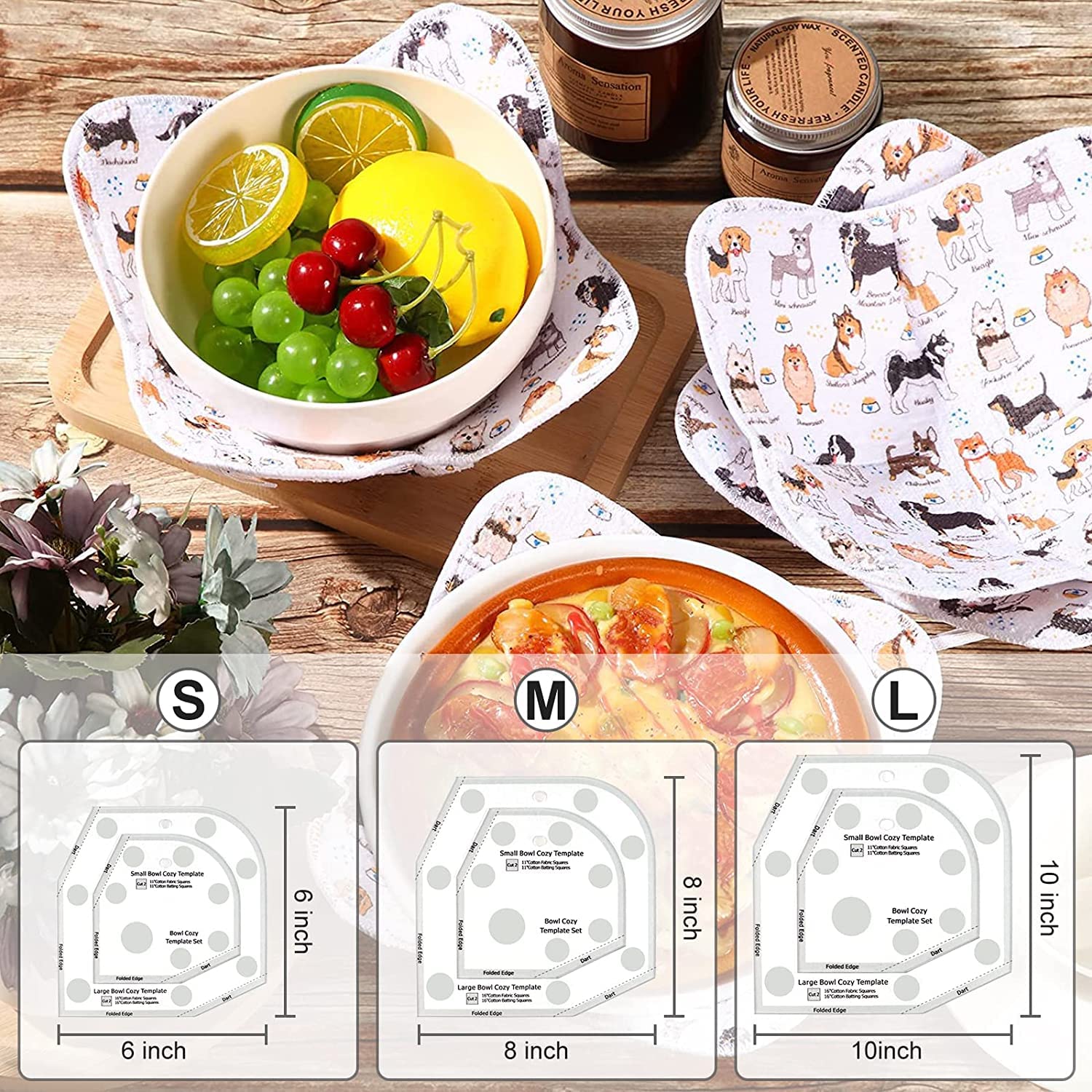 Bowl Cozy Template Cutting Ruler Set, 3Pcs Acrylic Transparent Quilting Bowl Templates for Hot and Cold Food Bowl Rack, DIY Kitchen Art Craft Acrylic Stencil Cut On Fold Template Sewing (White)