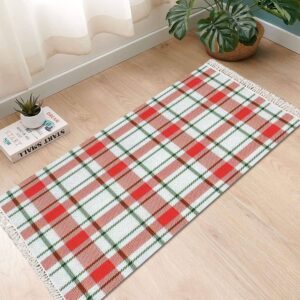 dgaier boho area rug christmas and new year tartan plaid scottish in white red and green play mat runner carpet minimalist room decor indoor outdoor woven rug entryway laundry room bedroom rug 3x5'