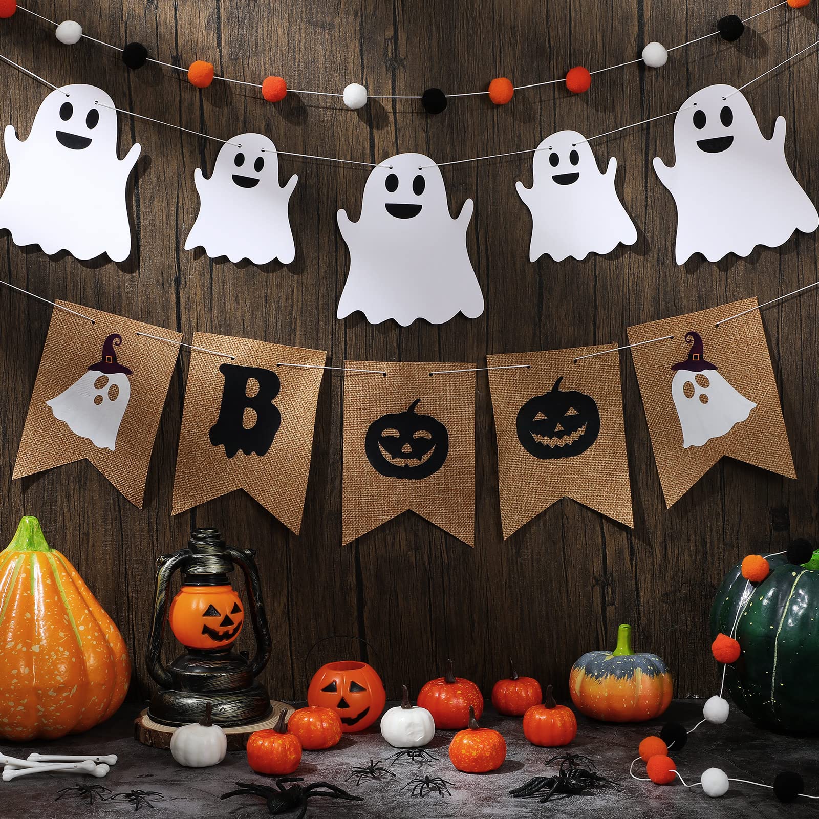 Halloween Banner 3 Pcs Burlap Boo Banner Felt Garland Ghost Decor White Orange and Black Hanging Halloween Decorations Outdoor for Party Halloween Birthday Fireplace Carnival Decorations