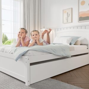 TOLEAD Daybed with Trundle, Twin Size Pull Out Bed, Solid Wood Extendable Day Bed with Trundle Bed Twin, Include Slat Support (White, Trundle)