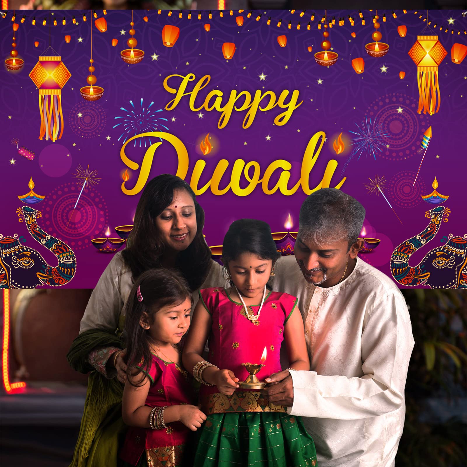 Happy Diwali Backdrop Banner Diwali Wall Backdrops Photography Background Banners and Signs Diwal Party Decorations Supplies for Indian Light Celebration Party, Happy Diwali Festival, 72 x 43 Inch