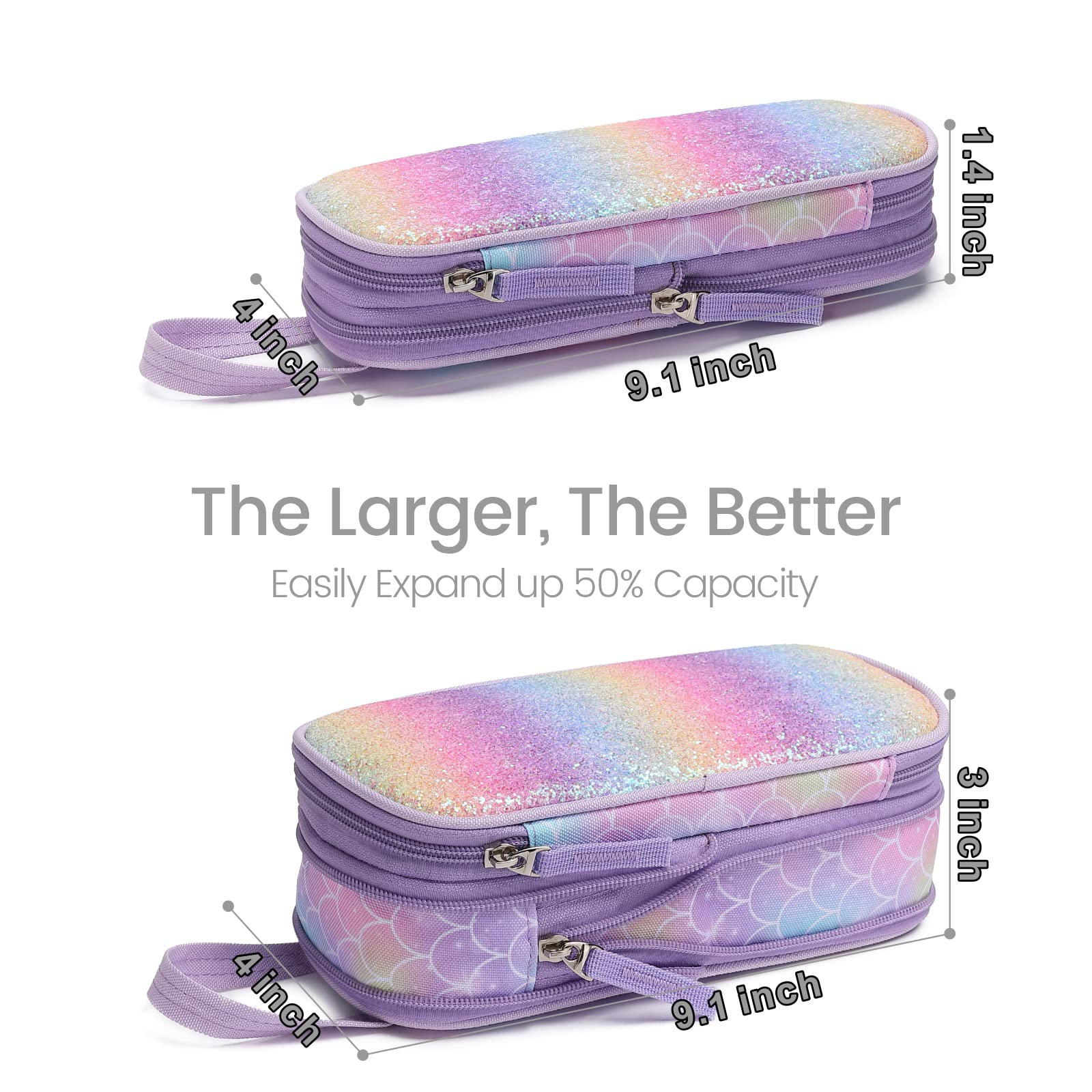 Bagseri Pencil Case for Kids - Expandable Cute Pencil Case for Girls Large Capacity Pencil Pouch Organizer for School Student Office Supplies, Pen Case Only (Purple, Mermaid Scale)