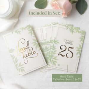 Rileys & Co Large Wedding Table Number Cards 1-25 and Head Table Sign, Double-sided Gold Foil Print and Elegant Leaf Design for Wedding Receptions, Parties, and Events, 26 Pieces, 4x6 Inches