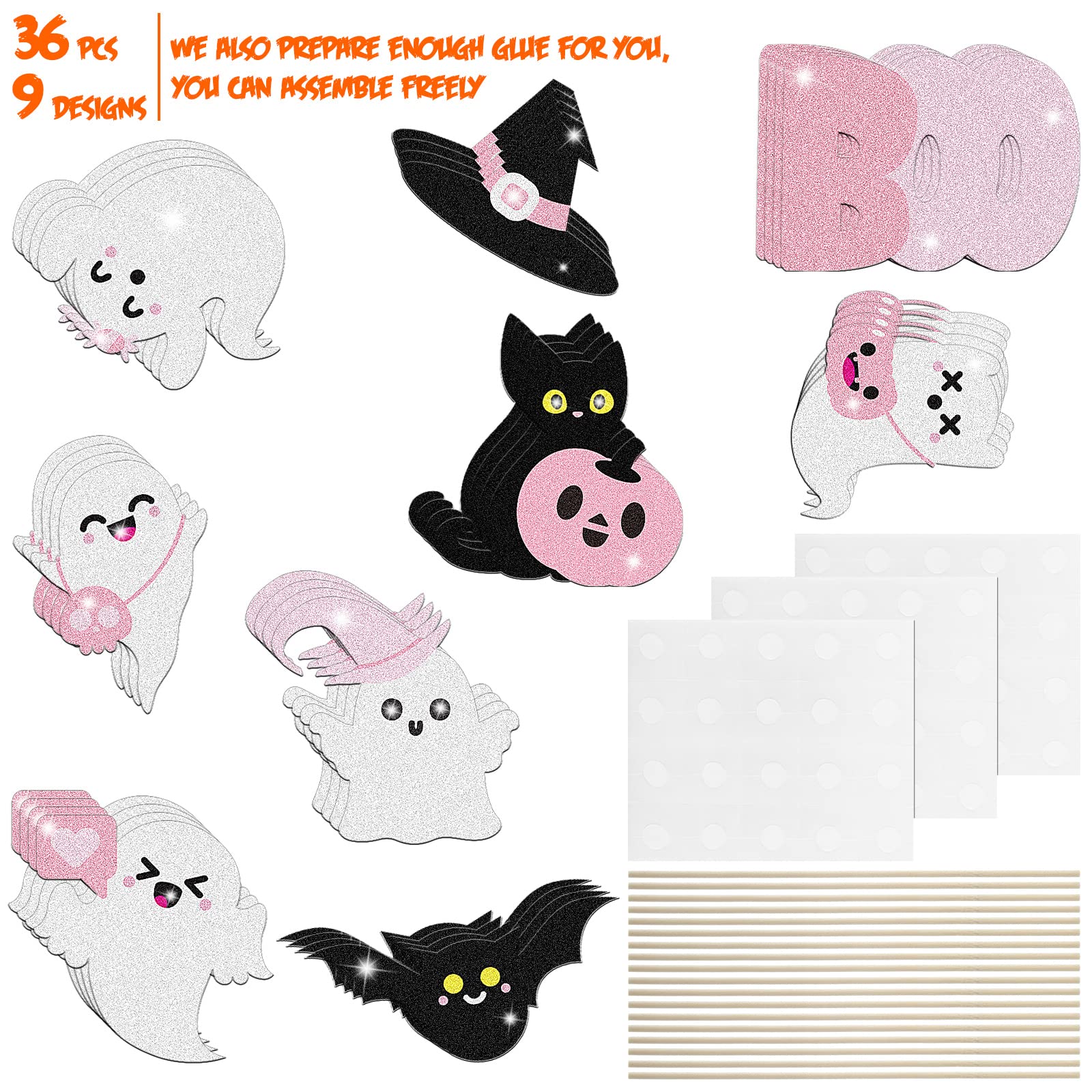 Geyee 36 Pcs Halloween Baby Shower Decorations Boo Cake Topper Ghost Tables Centerpieces Sticks Spooky Banner Decorations Halloween Centerpieces for Table Birthday Pink and Black Party Supplies