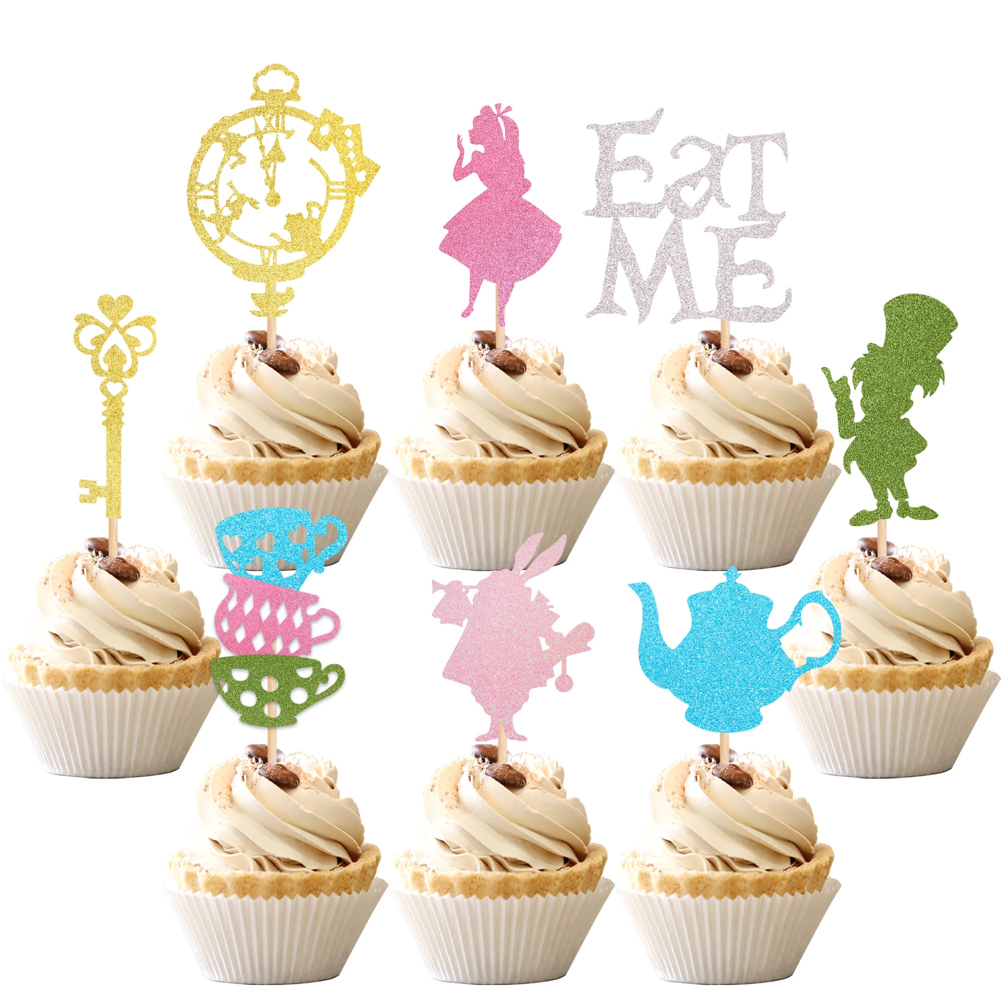 24 PCS Alice In Wonderland Cupcake Toppers Glitter Bowl Key Clock Fairy Eat Me Cupcake Picks Tea Party Cake Decorations for Baby shower Kids Boys Girls Birthday Party Supplies