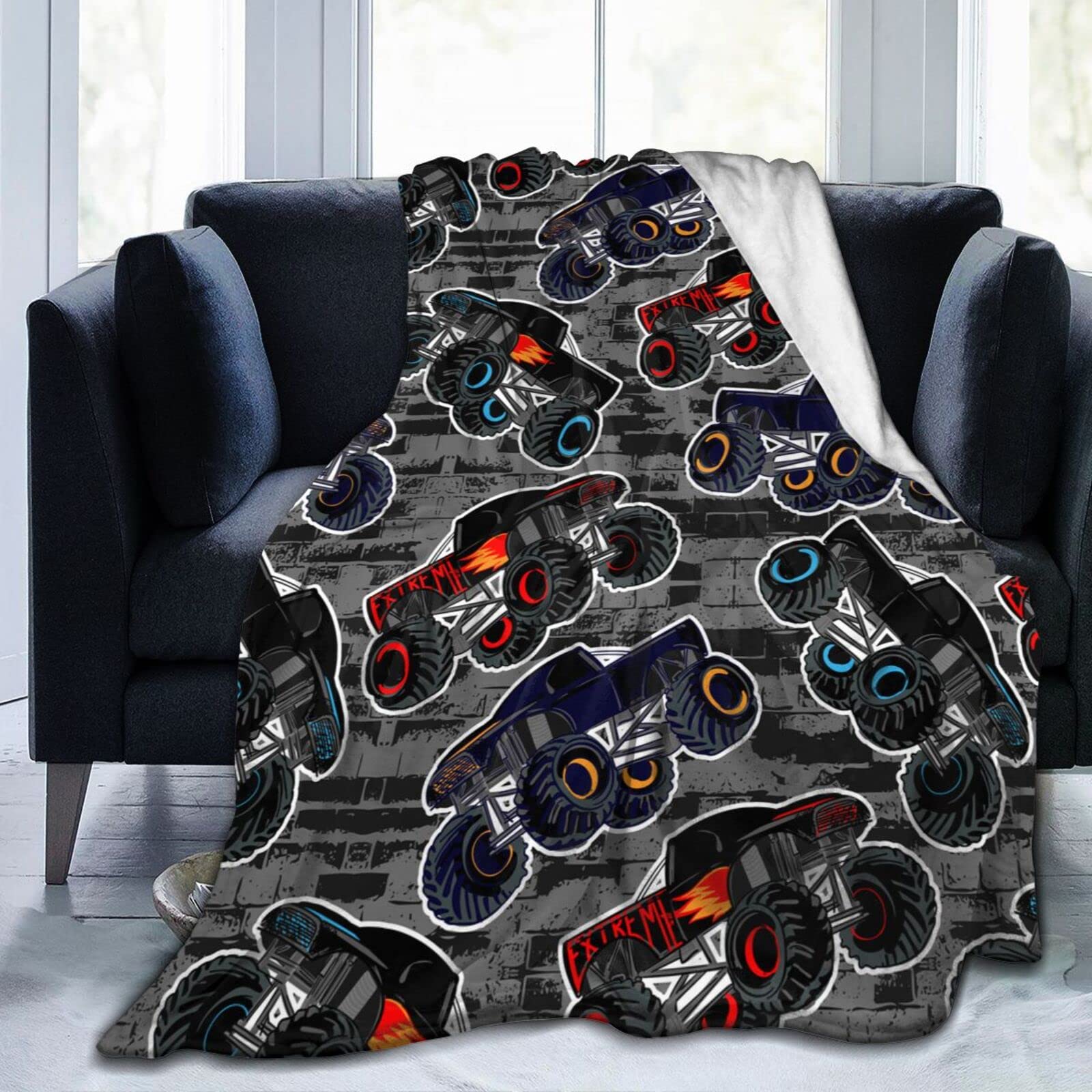 Perinsto Monster Truck Boys Style Throw Blanket Ultra Soft Warm All Season Decorative Fleece Blankets for Bed Chair Car Sofa Couch Bedroom 60"X50"