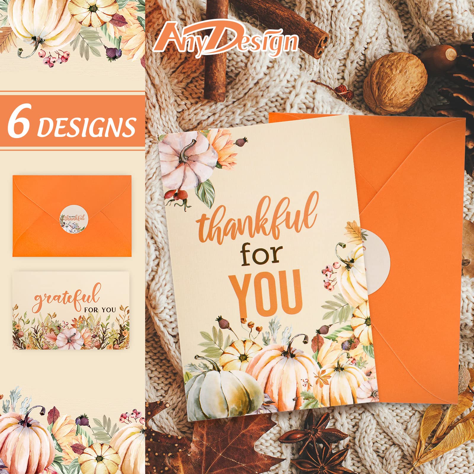 AnyDesign Watercolor Autumn Greeting Cards Bulk 36 Pack Thanksgiving Pumpkin Greeting Cards with Matching Seal Sticker Envelopes Thankful Note Cards for Wedding Baby Shower Birthday Stationery