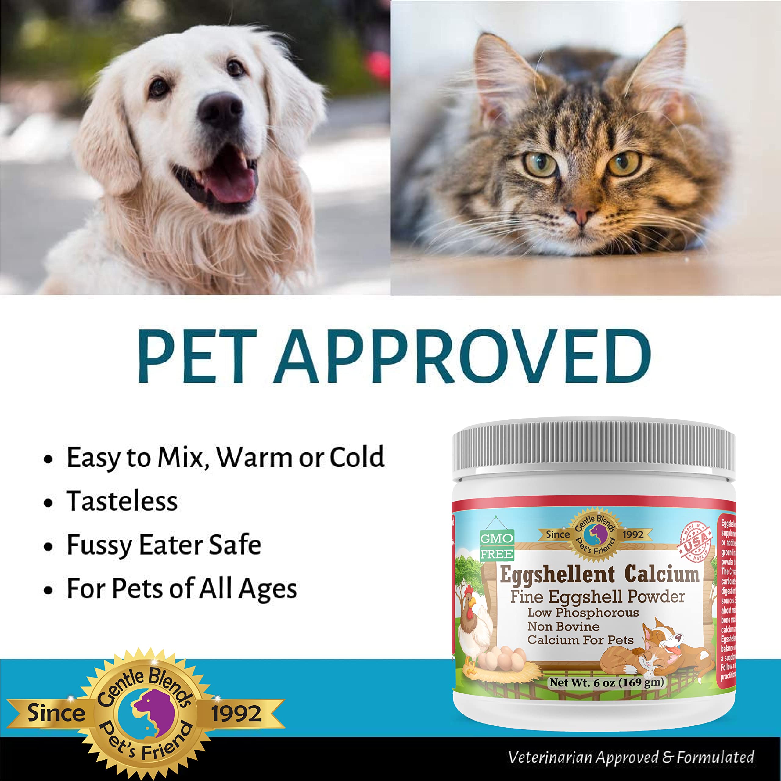 Calcium for Dogs and Cats - Fine Eggshell Powder - Strong Hip & Joint Supplement for Dogs and Cats- Dietary Supplement - No Additives - Pet's Friend Eggshellent Calcium 6oz