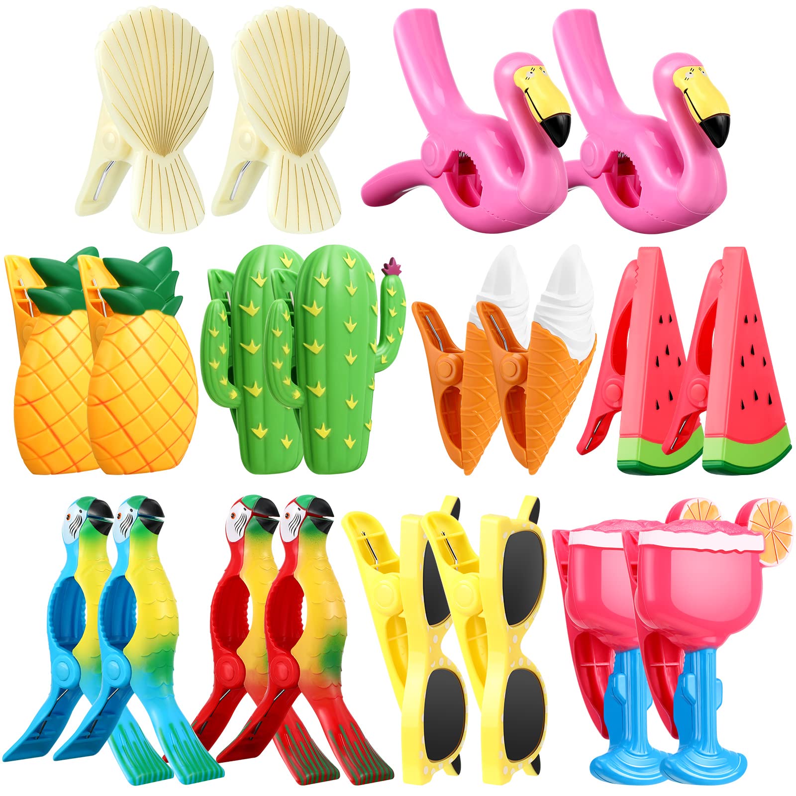 20 Pcs Beach Towel Clips Plastic Beach Chair Clips Flamingo Parrot Watermelon Pineapple Ice Cream Portable Swimming Pool Towel Holder Funny Clothespins for Christmas Party Gift Pool Blanket Decoration