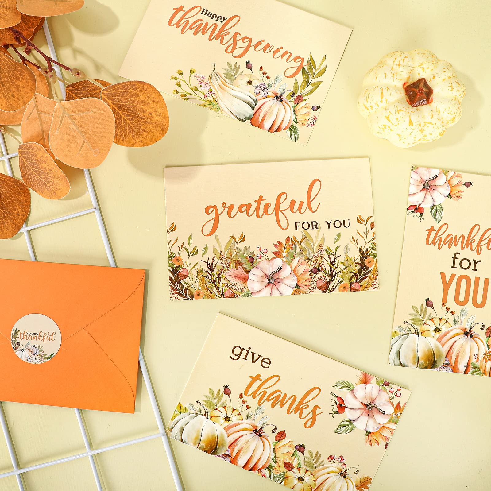 AnyDesign Watercolor Autumn Greeting Cards Bulk 36 Pack Thanksgiving Pumpkin Greeting Cards with Matching Seal Sticker Envelopes Thankful Note Cards for Wedding Baby Shower Birthday Stationery