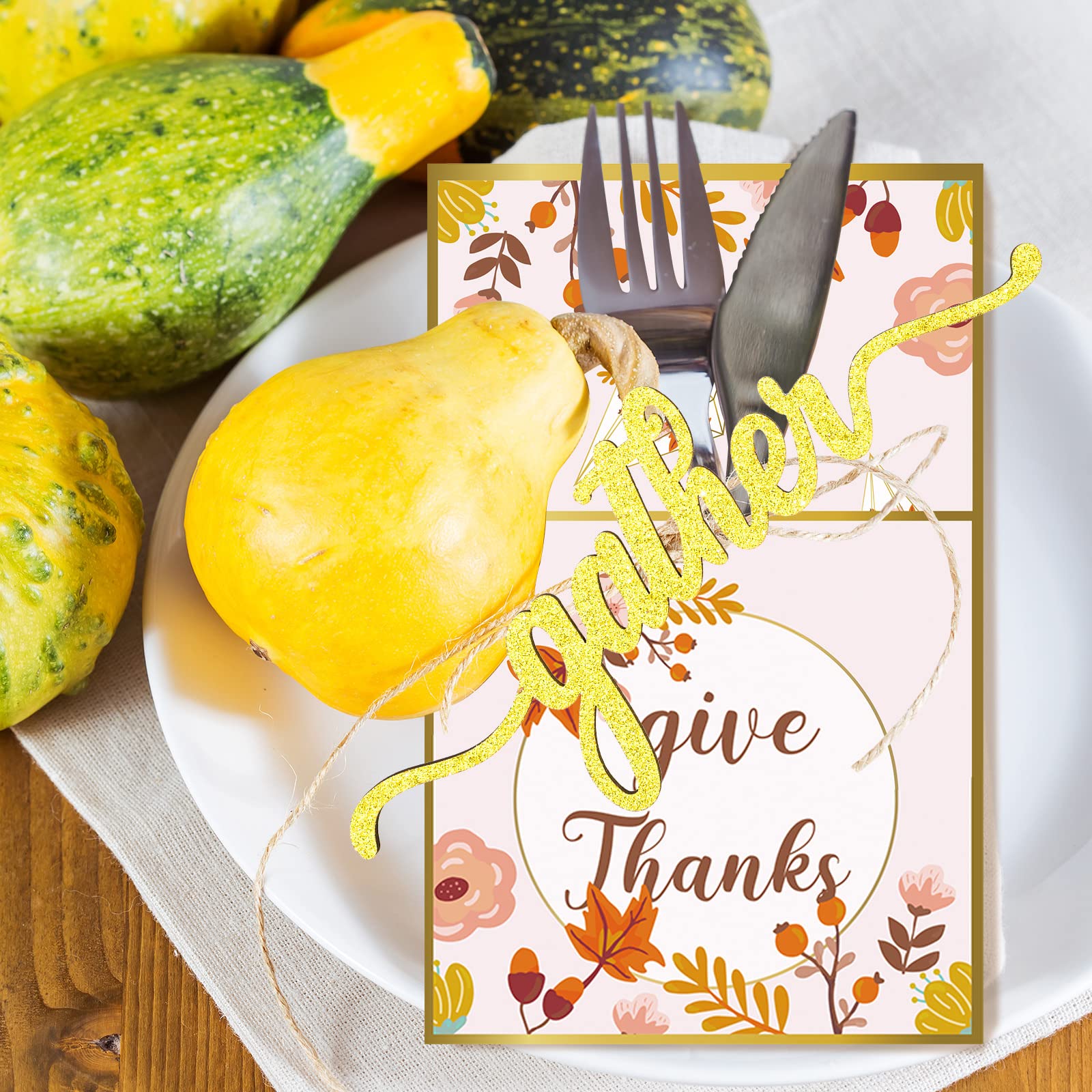 24 Set Thanksgiving Wood Cutout Sign 12 Blessed Grateful Gather Wood Signs Thanksgiving Place Cards Rustic Dining Table Setting Decor with 12 Cutlery Napkins Holder for Thanksgiving Turkey Utensil