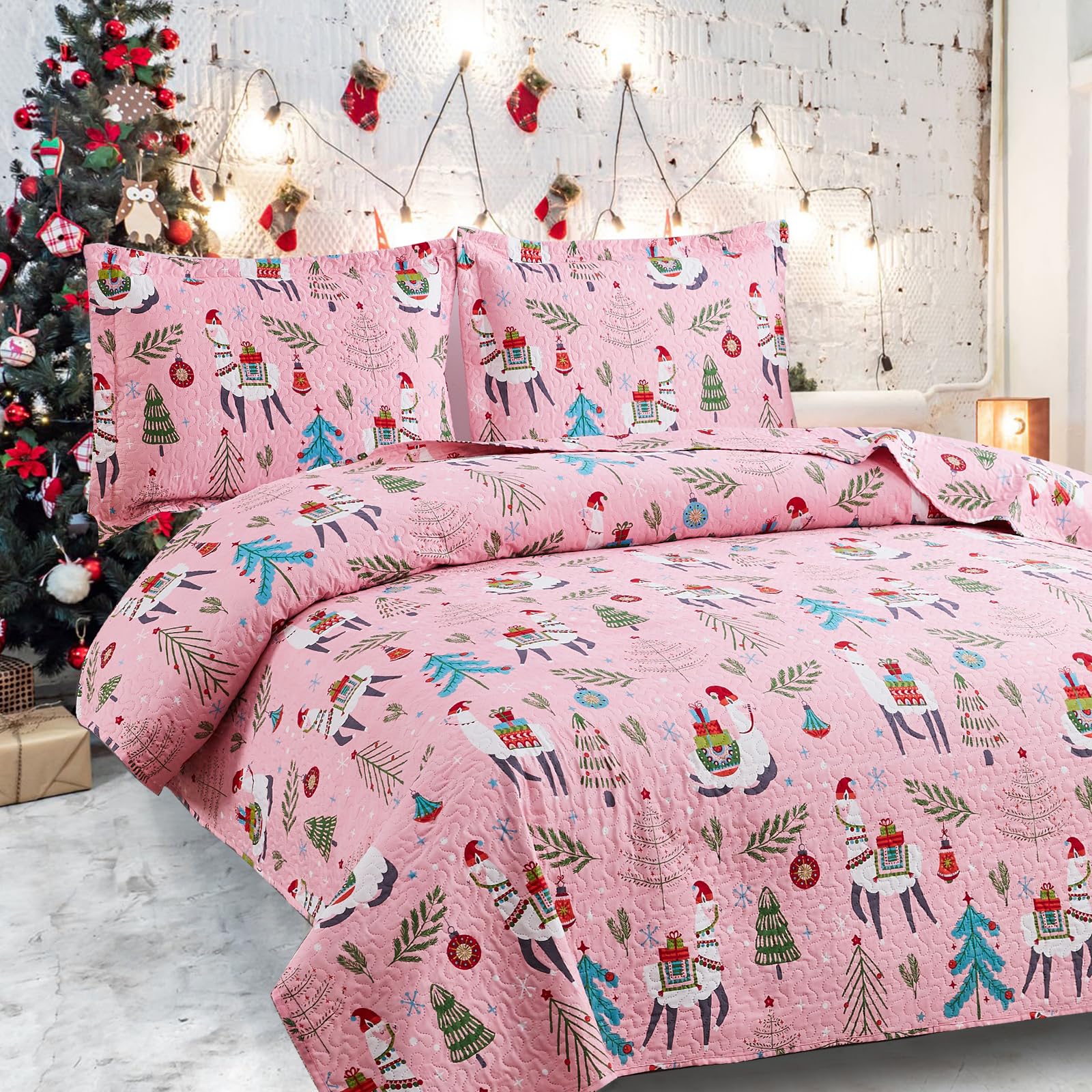 CHESITY Christmas Bedding Quilt Set Queen Size 3-Piece Kids Bedspread Xmas Bedding Set with Alpaca Pattern Lightweight Coverlet Cover for All Season (Pink, 1 Quilt + 2 Pillowcases)