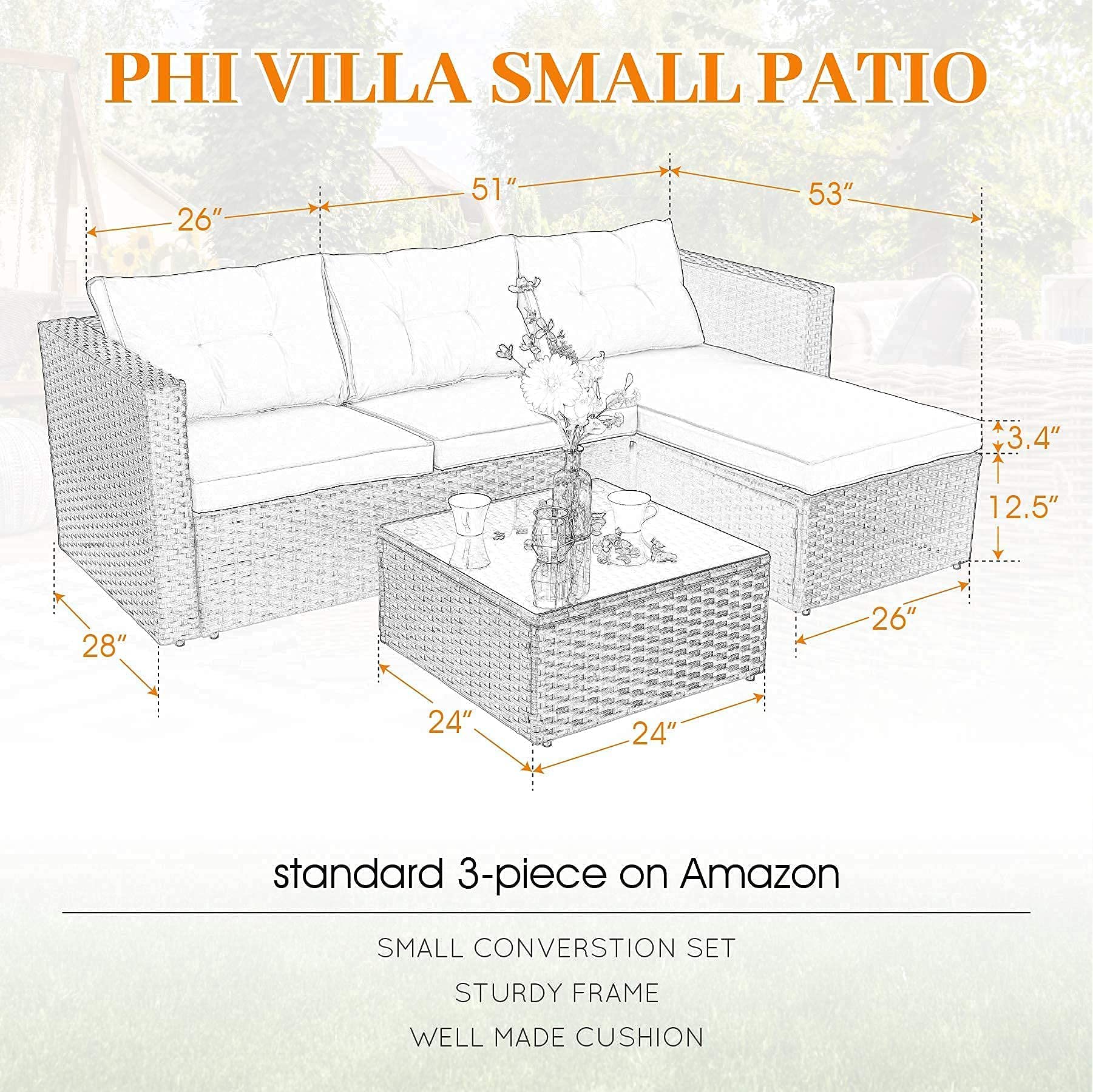 PHI VILLA Outdoor Patio Rattan Sectional Sofa- Small Patio Wicker Furniture Sofa Set,3-Piece, Cream