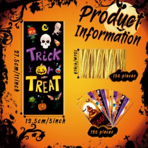 Hotop 120 Pcs Halloween Cellophane Bags Plastic Trick or Treat Candy Bags Goodie Cookie Treat Bags with 150 Pcs Gold Twist Ties for Halloween Theme Party Favor Supplies