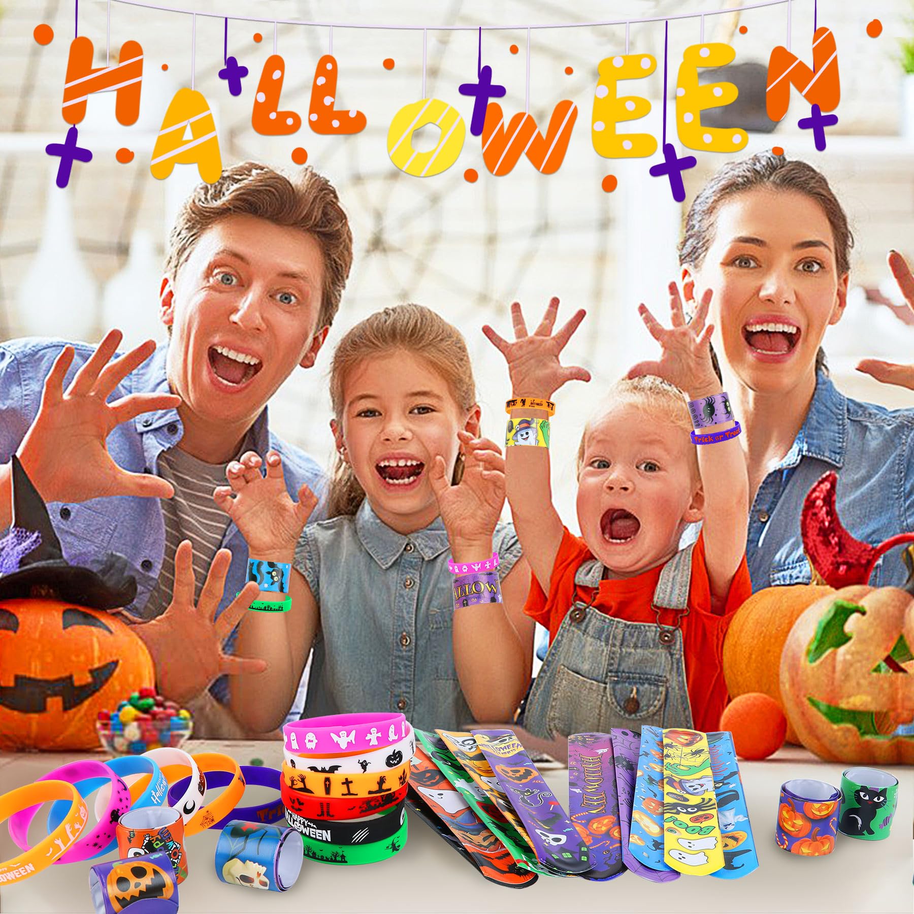 JUNEBRUSHS 50 Pack Halloween Party Favors Halloween Slap Bracelets Rubber Wristbands Assorted for Kids Halloween Slap Bands for Boys Girls Halloween Classroom Prizes Gifts Toys Treat Bag Fillers