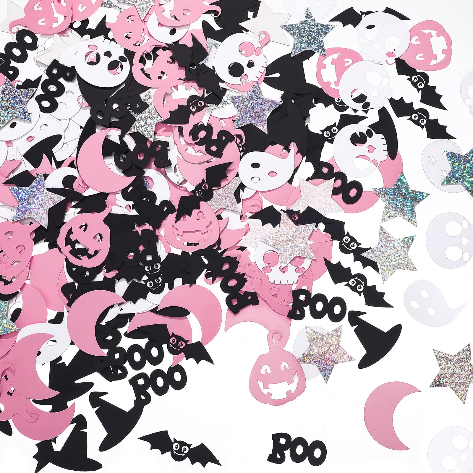 Ferraycle 400 Pcs Confetti Halloween Bat Ghost Confetti Glitter Pink Black Halloween Party Decorations Pumpkin Star Moon Skull Hat Halloween Throwing Confetti for Party Table Decorations, 8 Styles