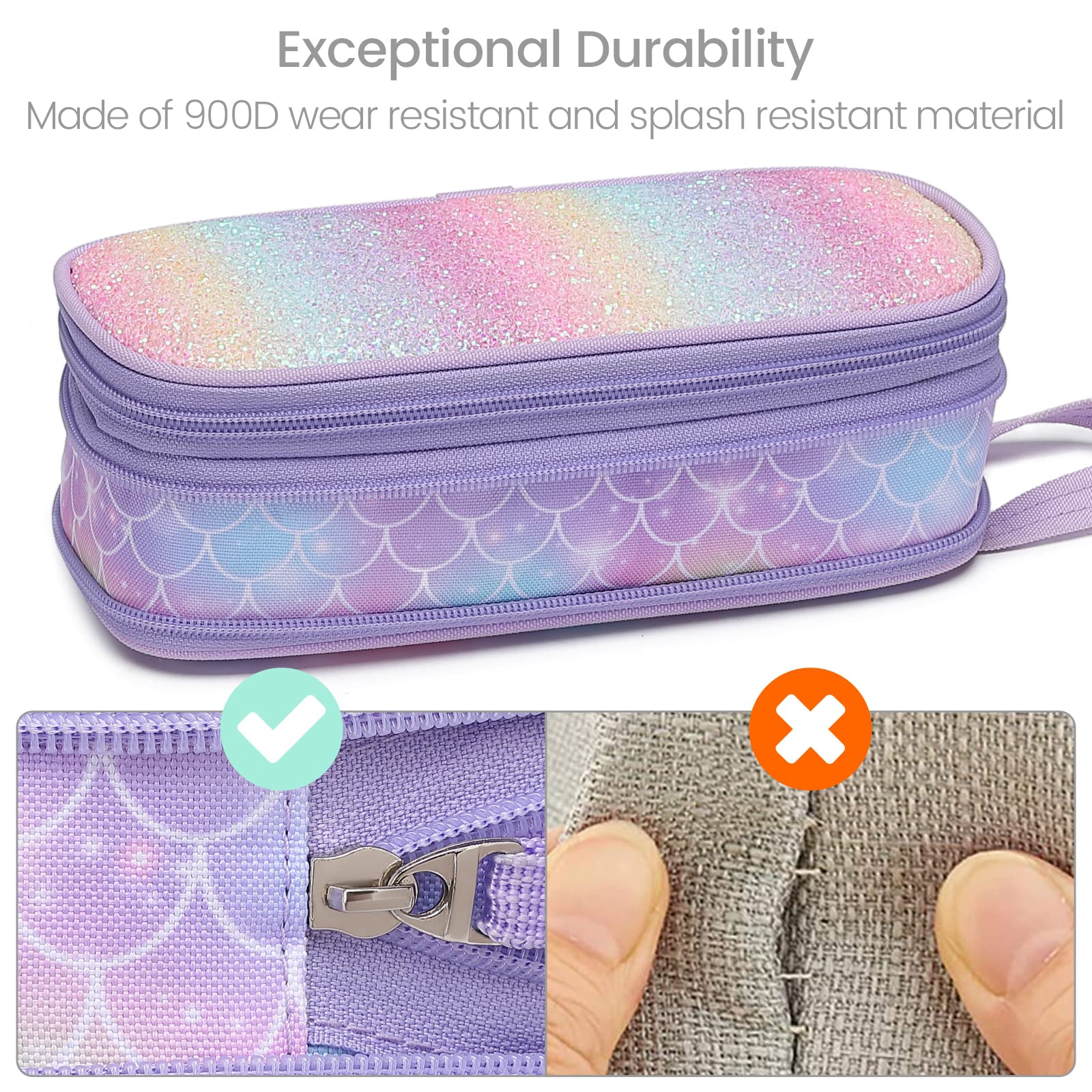 Bagseri Pencil Case for Kids - Expandable Cute Pencil Case for Girls Large Capacity Pencil Pouch Organizer for School Student Office Supplies, Pen Case Only (Purple, Mermaid Scale)