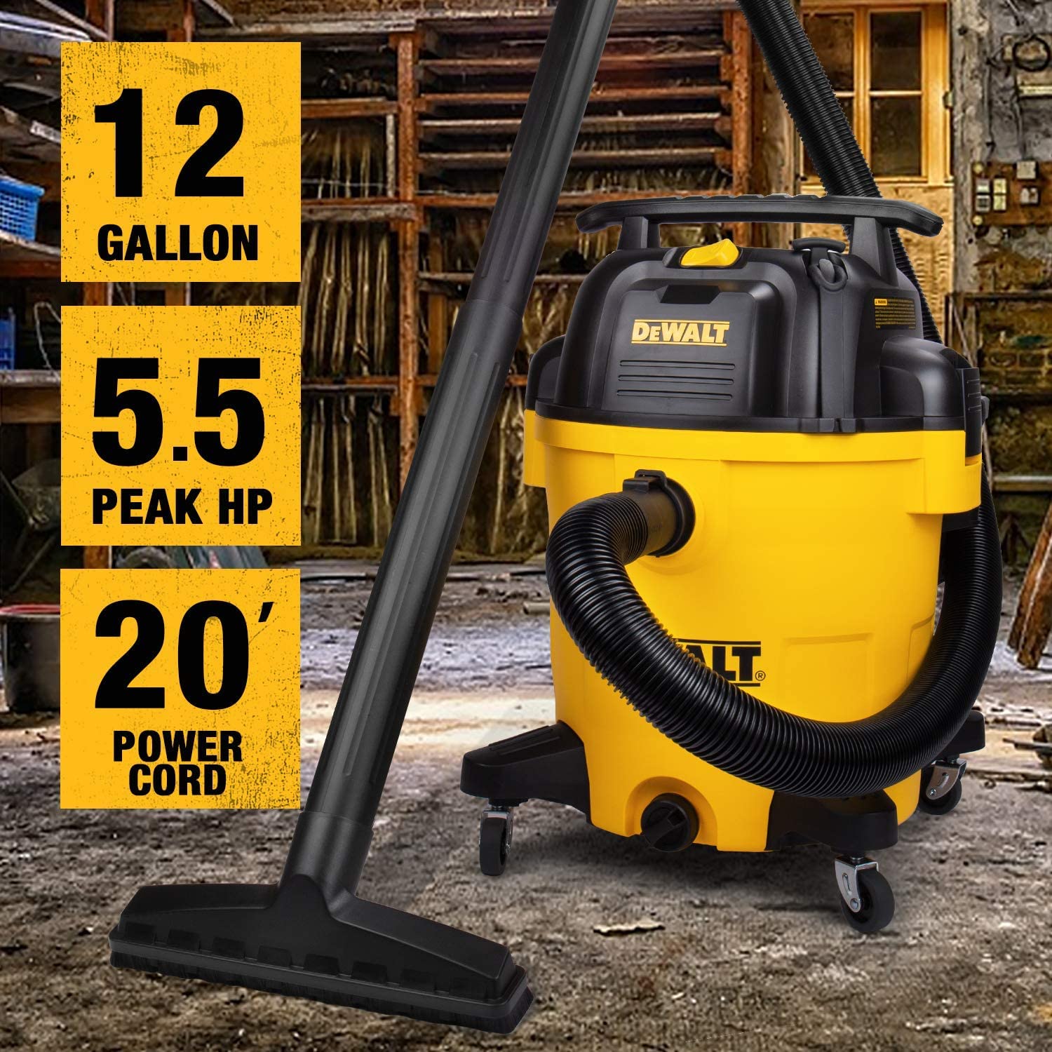 DEWALT Poly Wet/Dry Vacuum DXV12P 12 Gallon Professional Shop Vacuum, 5.5 HP Power, 27 ft Working Range