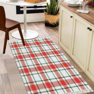 DGAIER Boho Area Rug Christmas and New Year Tartan Plaid Scottish in White red and Green Play Mat Runner Carpet Minimalist Room Decor Indoor Outdoor Woven Rug Entryway Laundry Room Bedroom Rug 3x5'