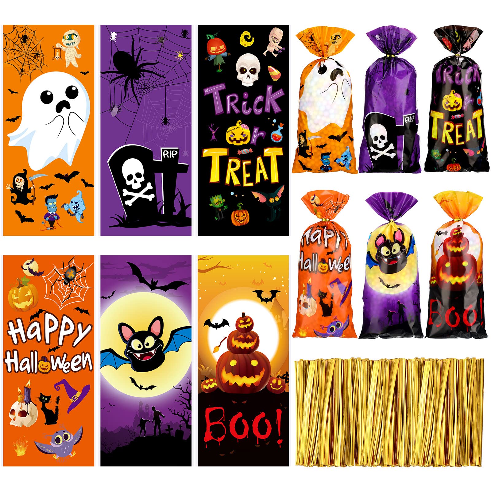 Hotop 120 Pcs Halloween Cellophane Bags Plastic Trick or Treat Candy Bags Goodie Cookie Treat Bags with 150 Pcs Gold Twist Ties for Halloween Theme Party Favor Supplies