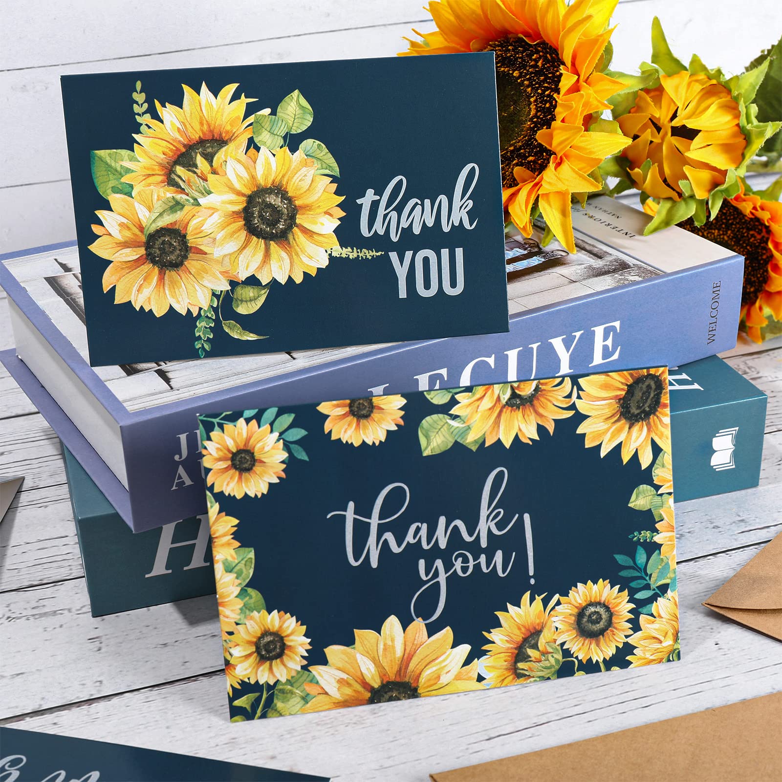 AnyDesign Sunflower Thank You Cards Bulk 36 Pack Blue Thank You Notes with Matching Seal Stickers Envelopes Watercolor Summer Floral Greeting Cards for Wedding Baby Shower Bridal Birthday Party