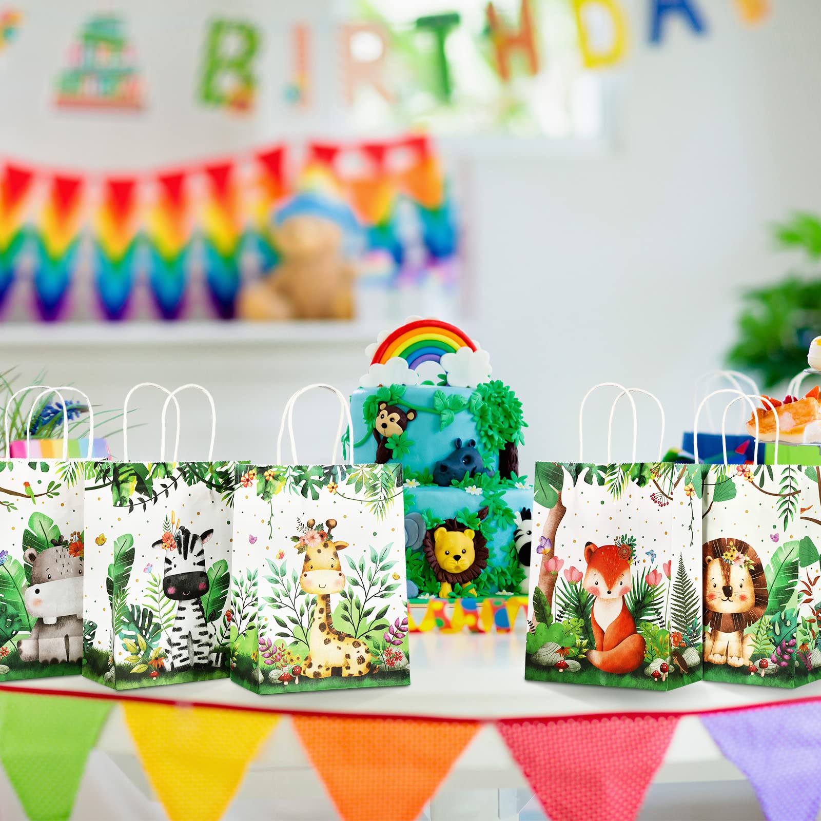 18 Pieces Safari Goodie Bags Jungle Animals Party Favor Bags with Handles Zoo Animals Print Candy Bags Woodland Gift Bags for Baby Shower Wedding Birthday Jungle Themed Party Supplies