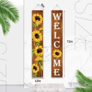 Sunflower Welcome Hanging Banners spring Porch Banners Flags summer Door Banners Thanksgiving Hanging Banner for Front Door Garden Home Yard Sunflower Party Decorations(Wood Background)