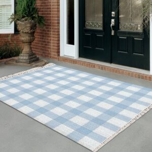 DGAIER Woven Rug Baby Blue Gingham Plaid Seamless Buffalo Check Surface Design Boho Woven Rug Patio Mat Outdoor Scandinavian Rug Minimalist Home Decor Living Room Bedroom Playroom Bathroom Rug 4x6'