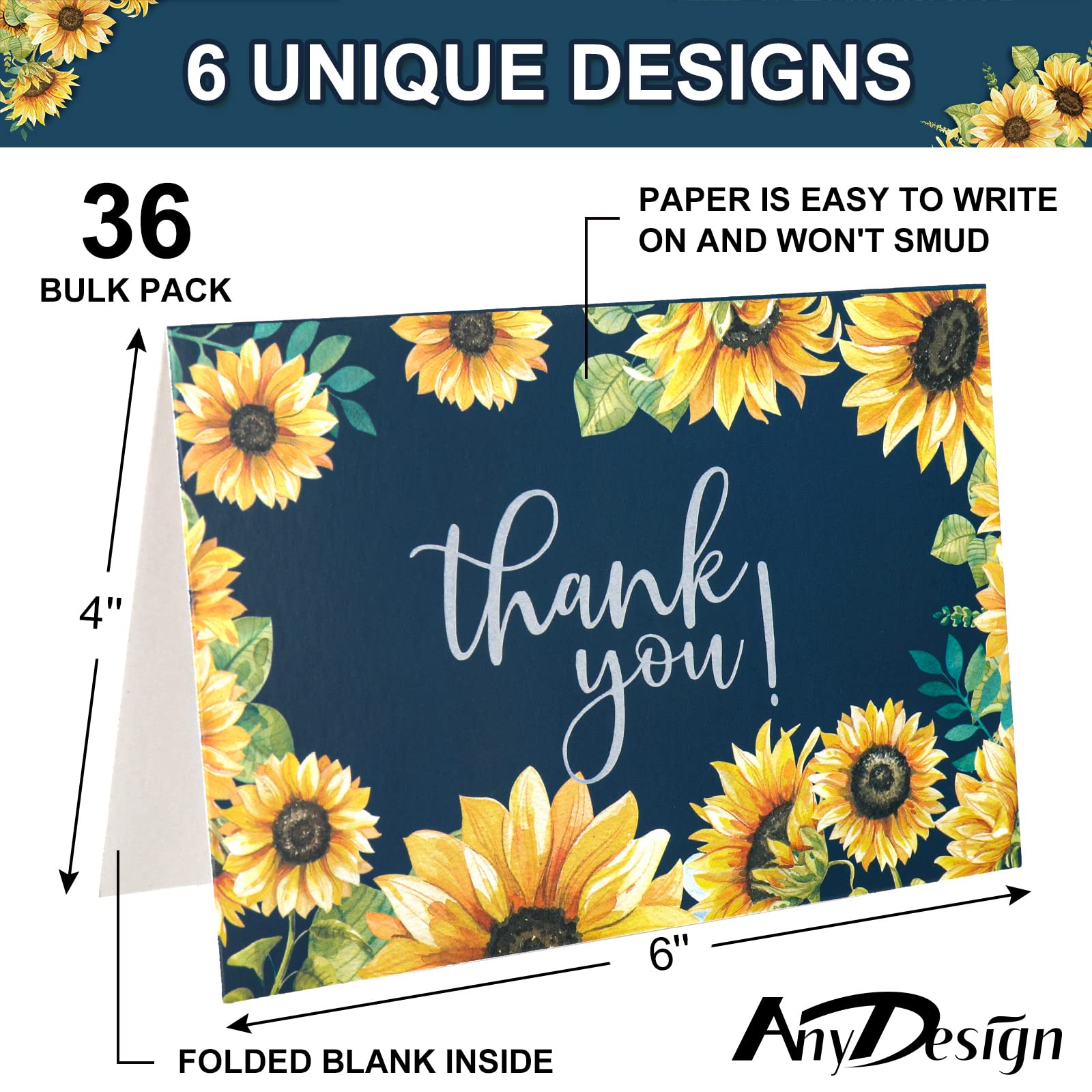 AnyDesign Sunflower Thank You Cards Bulk 36 Pack Blue Thank You Notes with Matching Seal Stickers Envelopes Watercolor Summer Floral Greeting Cards for Wedding Baby Shower Bridal Birthday Party