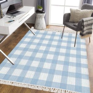 DGAIER Woven Rug Baby Blue Gingham Plaid Seamless Buffalo Check Surface Design Boho Woven Rug Patio Mat Outdoor Scandinavian Rug Minimalist Home Decor Living Room Bedroom Playroom Bathroom Rug 4x6'