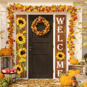 sunflower welcome hanging banners spring porch banners flags summer door banners thanksgiving hanging banner for front door garden home yard sunflower party decorations(wood background)