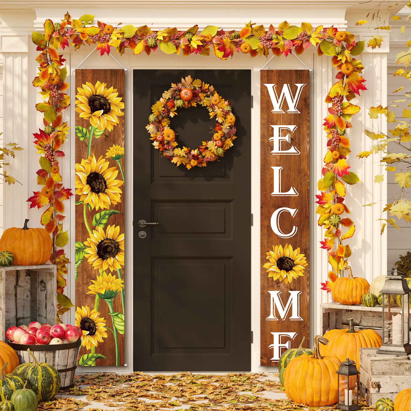 Sunflower Welcome Hanging Banners spring Porch Banners Flags summer Door Banners Thanksgiving Hanging Banner for Front Door Garden Home Yard Sunflower Party Decorations(Wood Background)