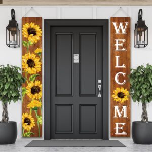 Sunflower Welcome Hanging Banners spring Porch Banners Flags summer Door Banners Thanksgiving Hanging Banner for Front Door Garden Home Yard Sunflower Party Decorations(Wood Background)