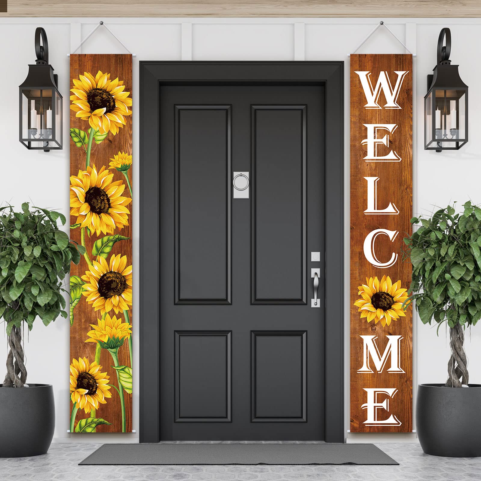 Sunflower Welcome Hanging Banners spring Porch Banners Flags summer Door Banners Thanksgiving Hanging Banner for Front Door Garden Home Yard Sunflower Party Decorations(Wood Background)