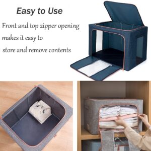 Large Capacity Clothes Storage Bags,Stackable Storage Organizer with Foldable Metal Frame, Zipper, Handles, Clear Window, Navy, 3 Pack)