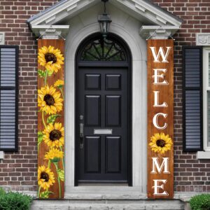 Sunflower Welcome Hanging Banners spring Porch Banners Flags summer Door Banners Thanksgiving Hanging Banner for Front Door Garden Home Yard Sunflower Party Decorations(Wood Background)