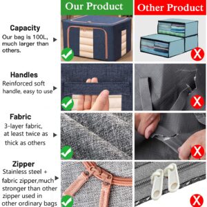 Large Capacity Clothes Storage Bags,Stackable Storage Organizer with Foldable Metal Frame, Zipper, Handles, Clear Window, Navy, 3 Pack)