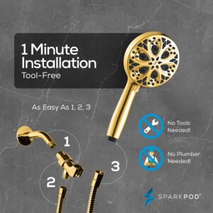 SparkPod 10-Mode Shower Head with Hose - Luxury 5" High Pressure Shower Heads - Handheld Shower Head with High Pressure Built-In Power Jet, Stainless Steel 6ft Hose and Bracket (Egyptian Gold)