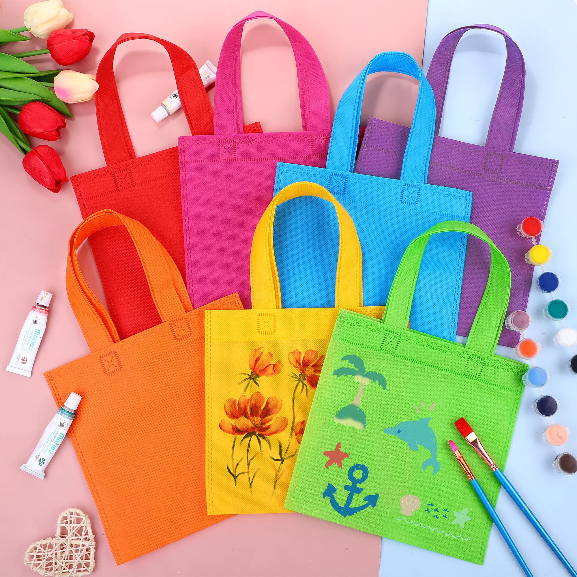 MIMIND 30 Packs Non-woven Party Gift Bags Reusable Goodie Bags 7.9×7.9 Inch Colorful Tote Treat Bag with Handles Rainbow cloth bags for Wedding Birthday