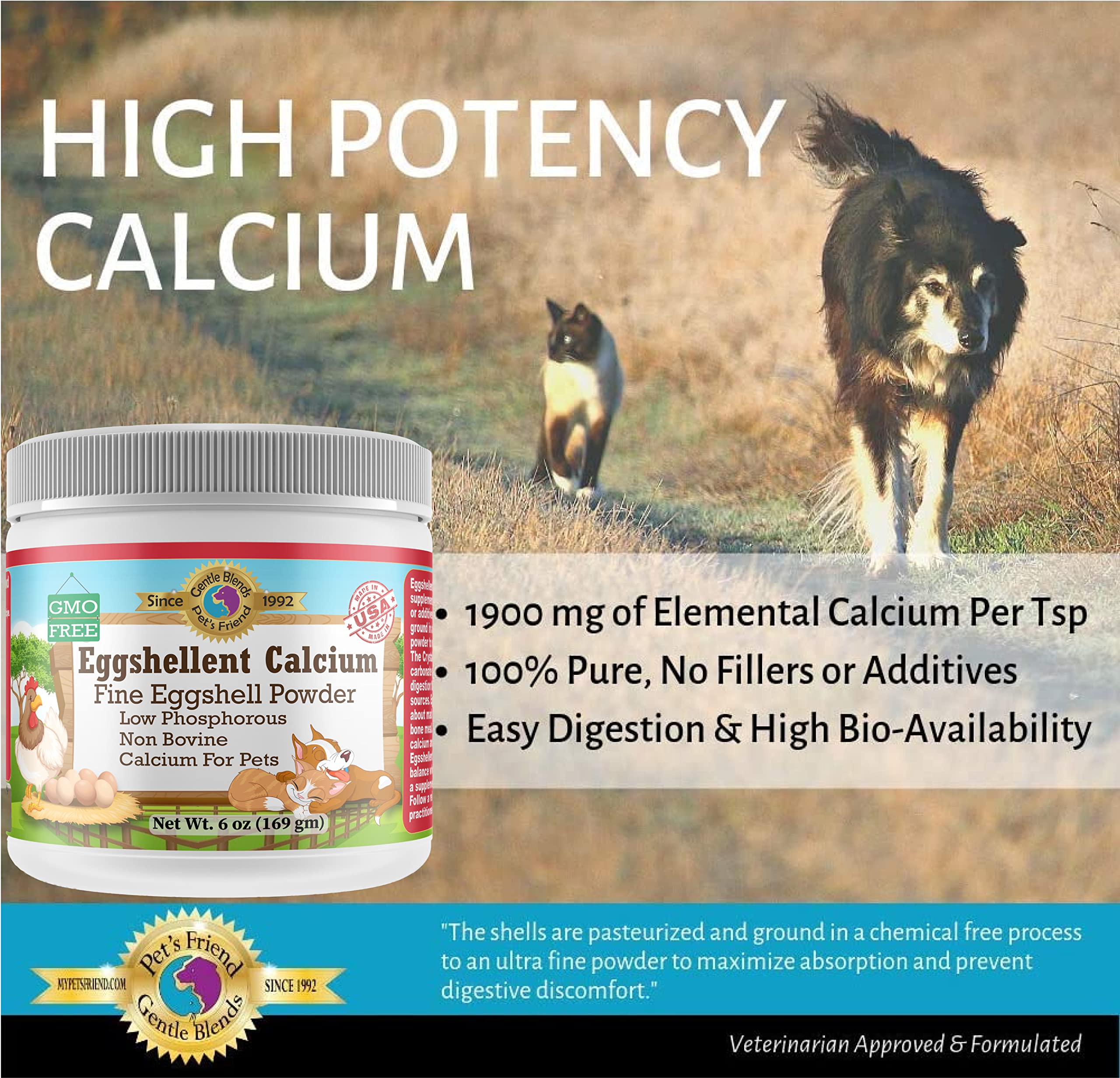 Calcium for Dogs and Cats - Fine Eggshell Powder - Strong Hip & Joint Supplement for Dogs and Cats- Dietary Supplement - No Additives - Pet's Friend Eggshellent Calcium 6oz