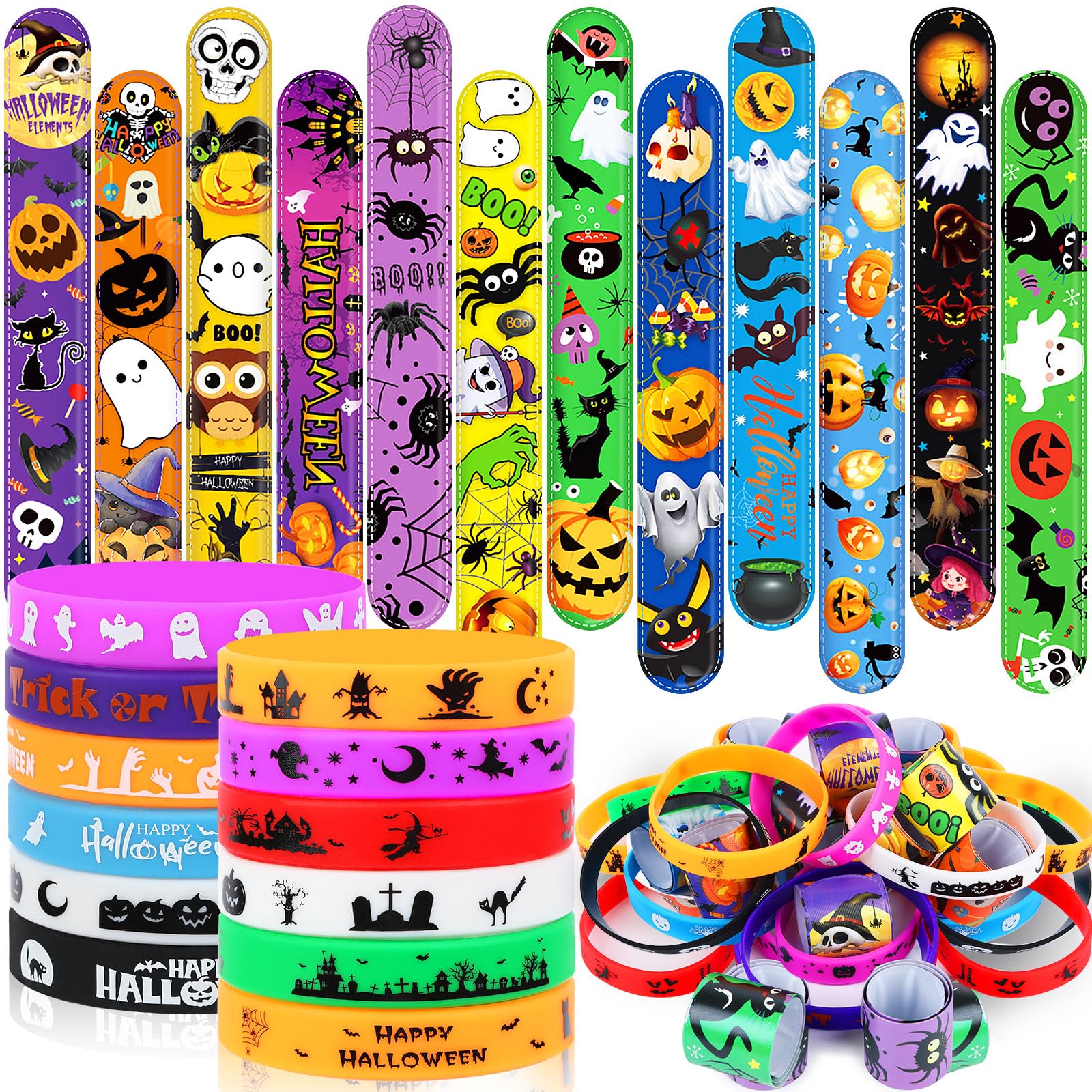 JUNEBRUSHS 50 Pack Halloween Party Favors Halloween Slap Bracelets Rubber Wristbands Assorted for Kids Halloween Slap Bands for Boys Girls Halloween Classroom Prizes Gifts Toys Treat Bag Fillers