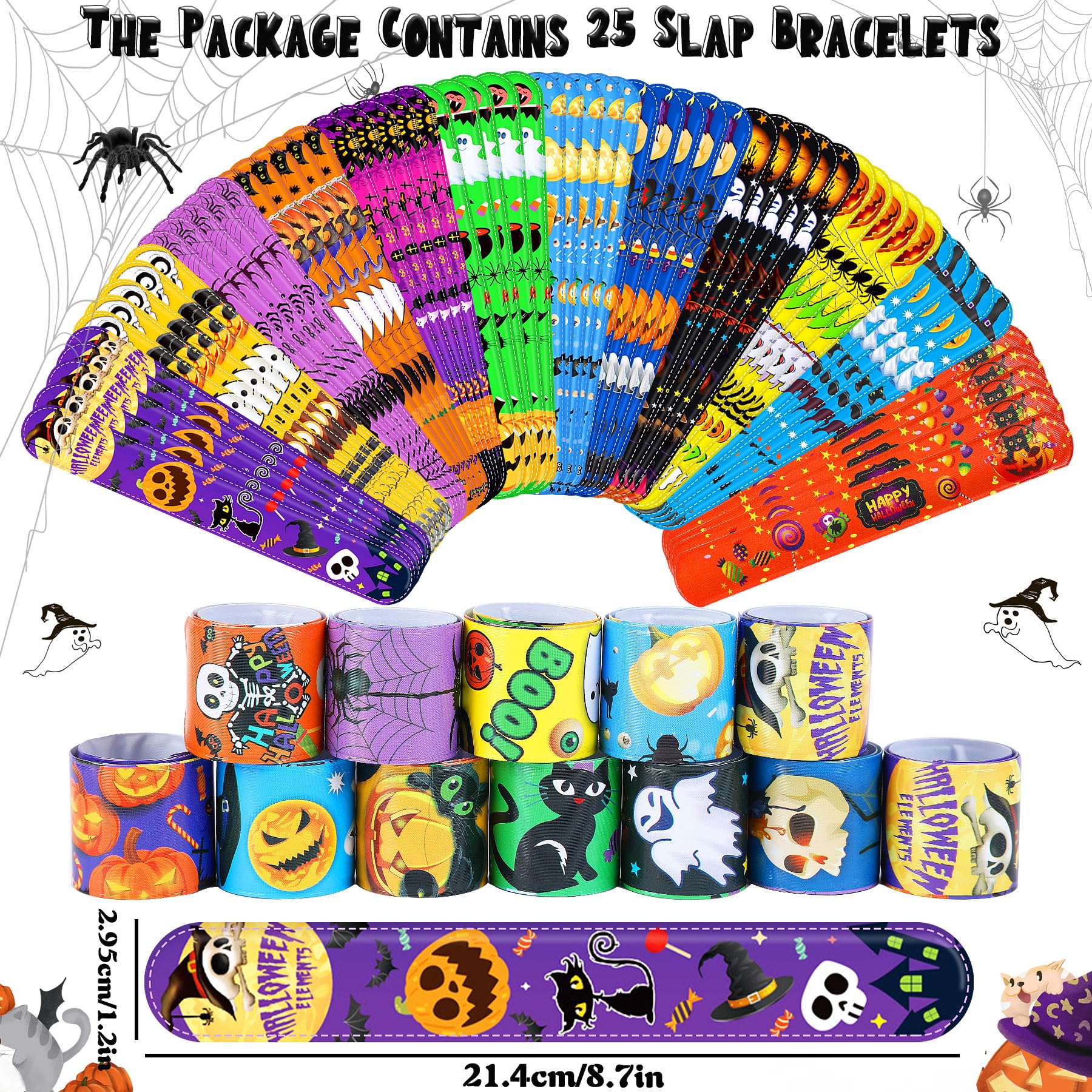 JUNEBRUSHS 50 Pack Halloween Party Favors Halloween Slap Bracelets Rubber Wristbands Assorted for Kids Halloween Slap Bands for Boys Girls Halloween Classroom Prizes Gifts Toys Treat Bag Fillers