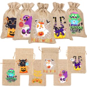 DIYDEC 36pcs Halloween Burlap Gift Bags, Halloween Jute Linen Burlap Treat Candy Goodies Drawstring Bags for Halloween Favors Supplies