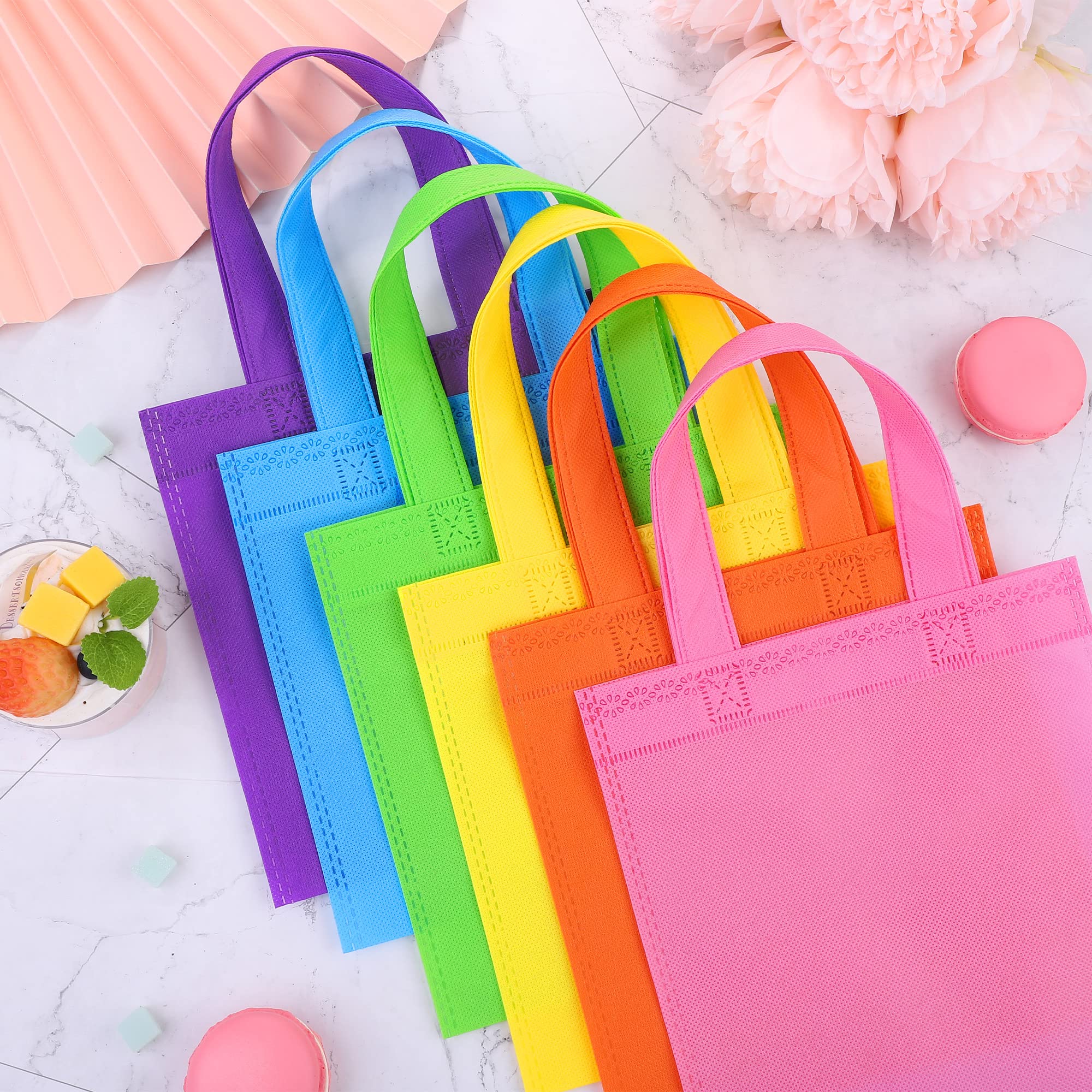 MIMIND 30 Packs Non-woven Party Gift Bags Reusable Goodie Bags 7.9×7.9 Inch Colorful Tote Treat Bag with Handles Rainbow cloth bags for Wedding Birthday