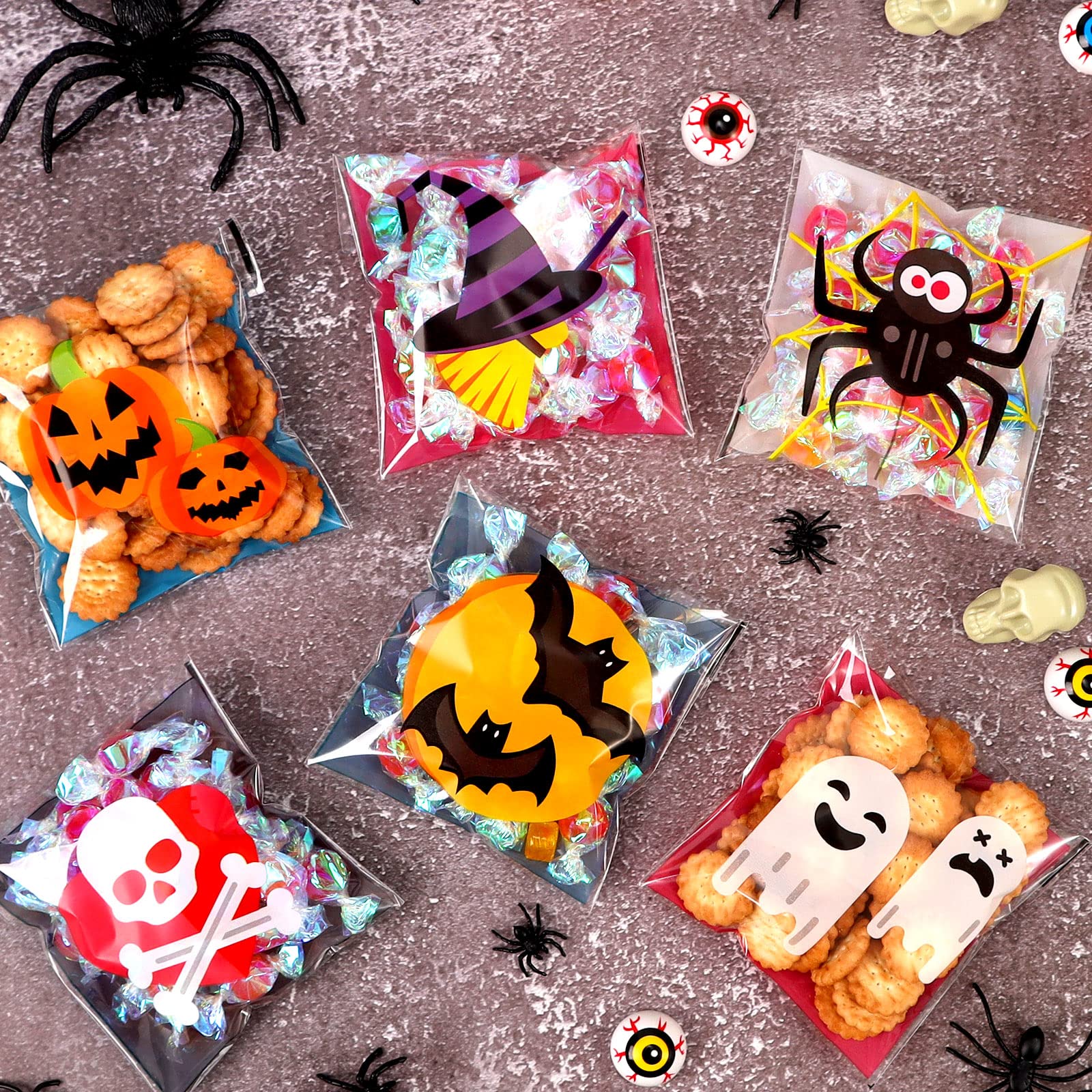 Joottuan 240 Pieces Halloween Treat Bag Self Adhesive Candy Cellophane Bags Plastic Cookie Goodie Bags for Kids Halloween Party Supplies