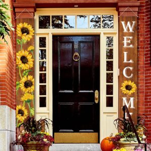 Sunflower Welcome Hanging Banners spring Porch Banners Flags summer Door Banners Thanksgiving Hanging Banner for Front Door Garden Home Yard Sunflower Party Decorations(Wood Background)