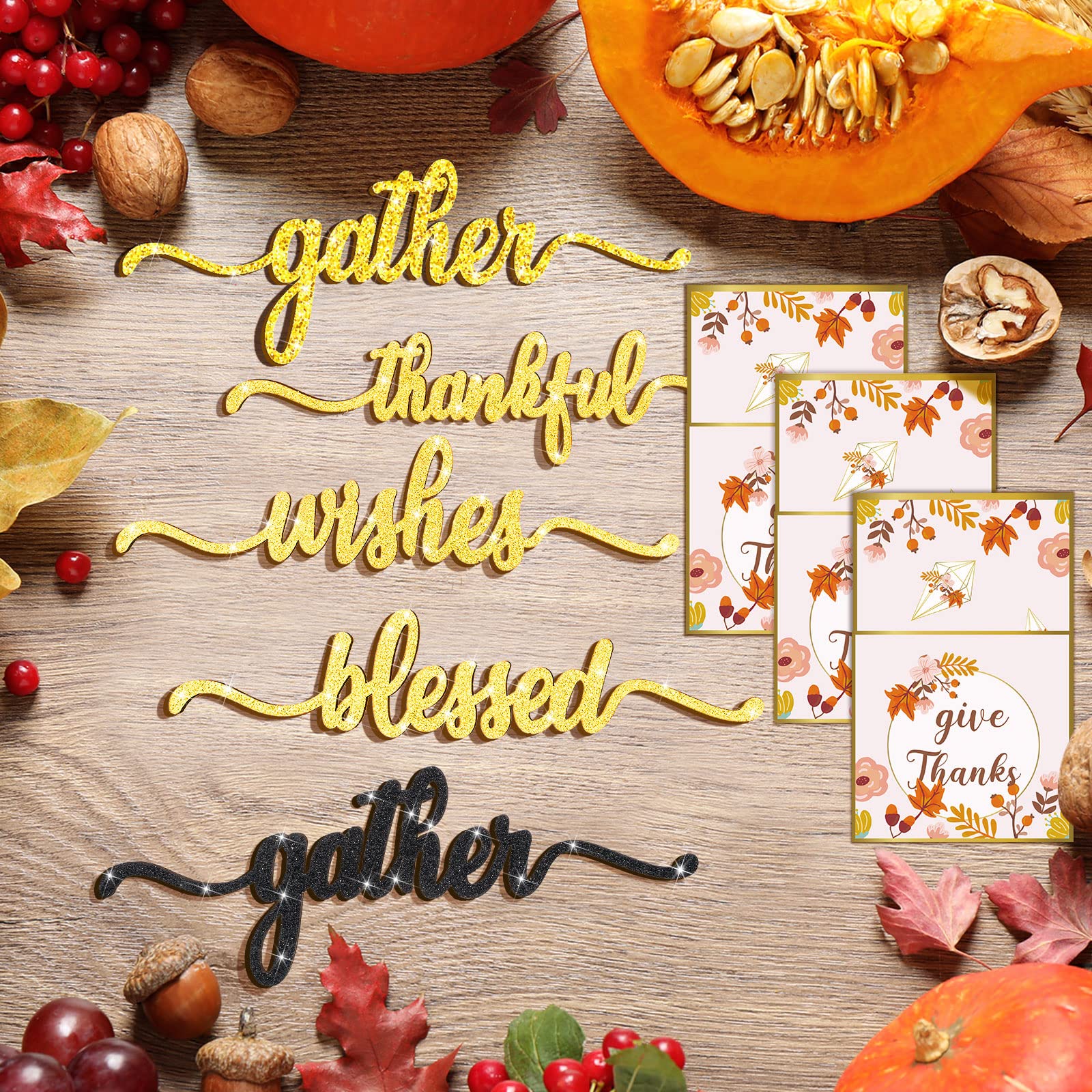 24 Set Thanksgiving Wood Cutout Sign 12 Blessed Grateful Gather Wood Signs Thanksgiving Place Cards Rustic Dining Table Setting Decor with 12 Cutlery Napkins Holder for Thanksgiving Turkey Utensil