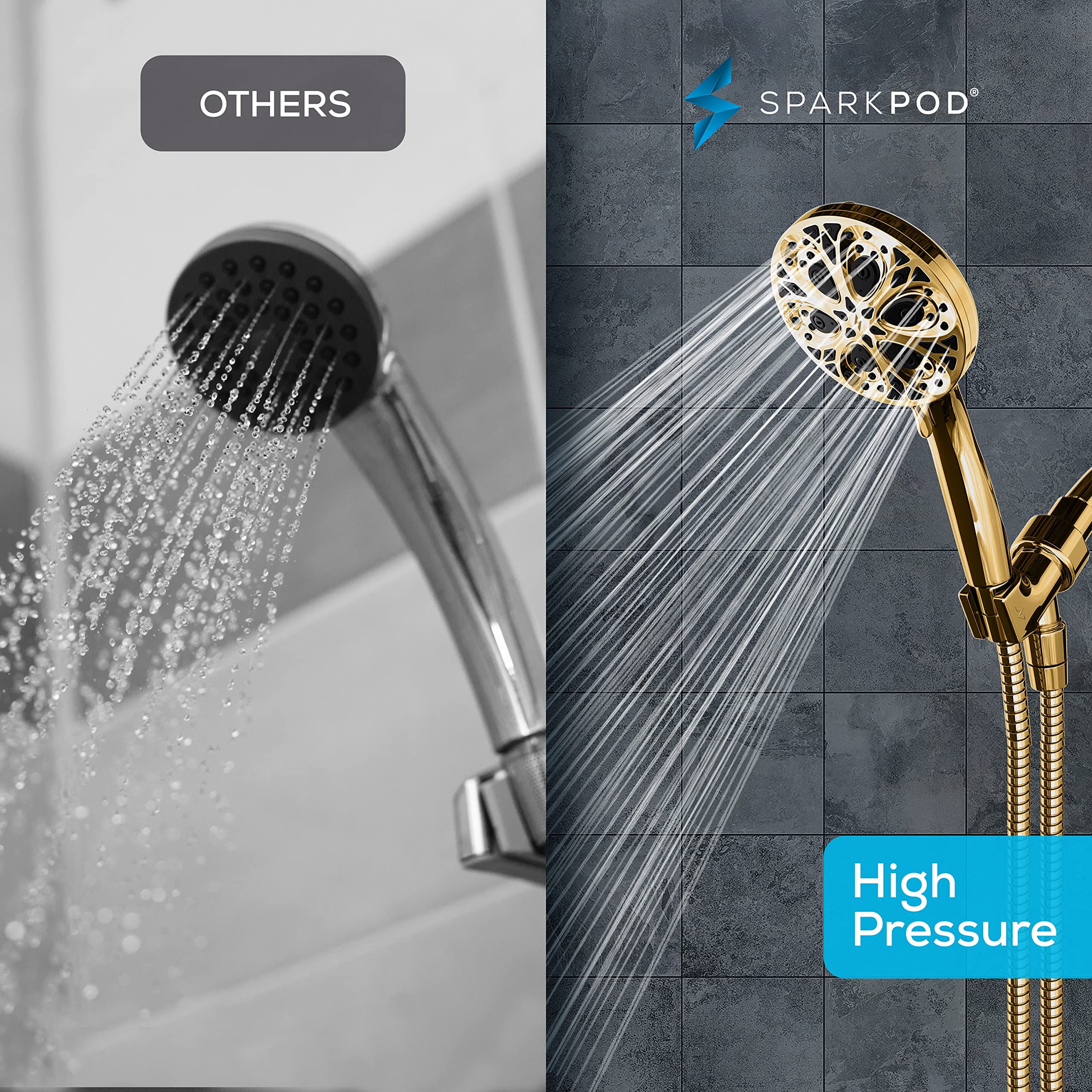 SparkPod 10-Mode Shower Head with Hose - Luxury 5" High Pressure Shower Heads - Handheld Shower Head with High Pressure Built-In Power Jet, Stainless Steel 6ft Hose and Bracket (Egyptian Gold)